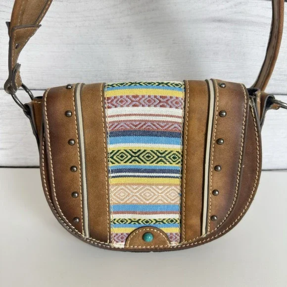 Tony Lama Woven Accent Colorful SaddleBag Leather Southwestern Crossbody Purse - Picture 3 of 12